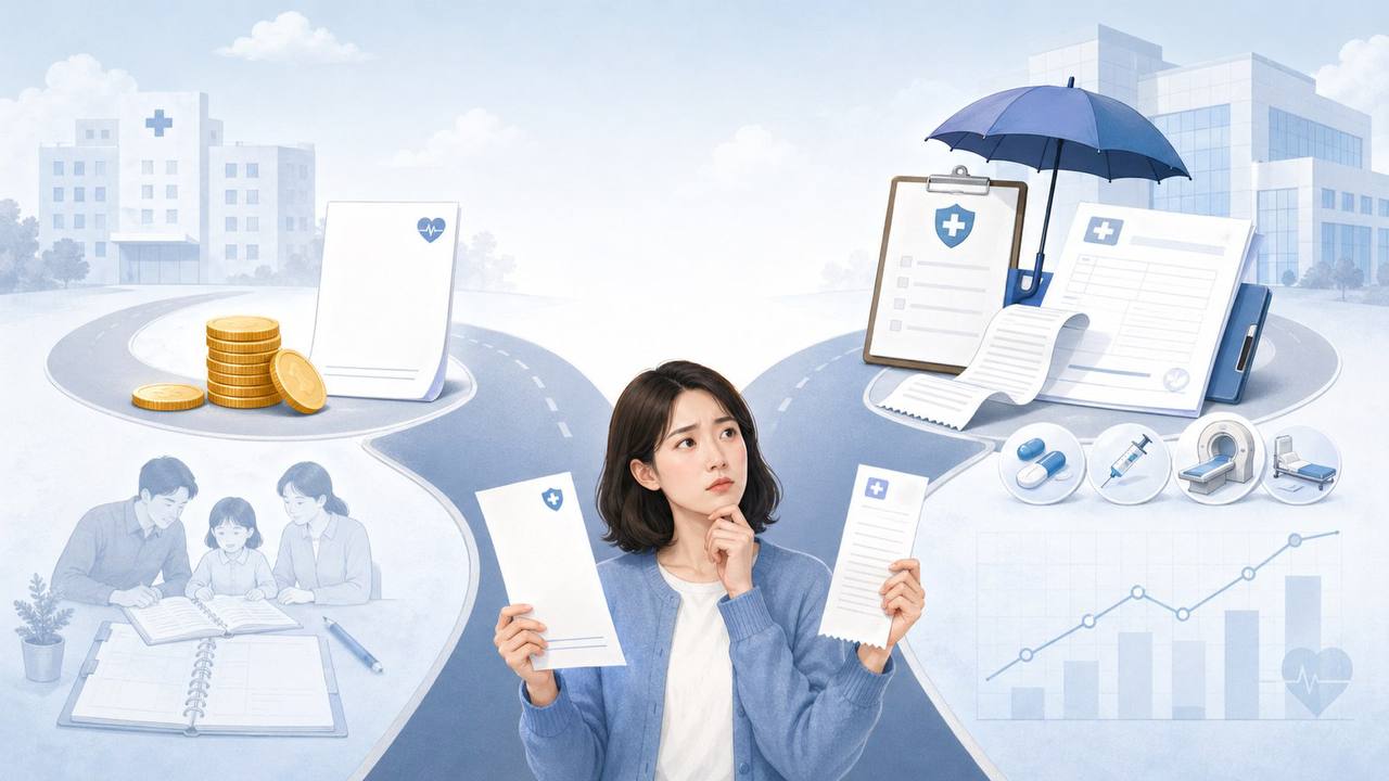 5세대 실손보험 전환 여부를 두고 의료비와 보험료를 비교해 선택하는 소비자 일러스트