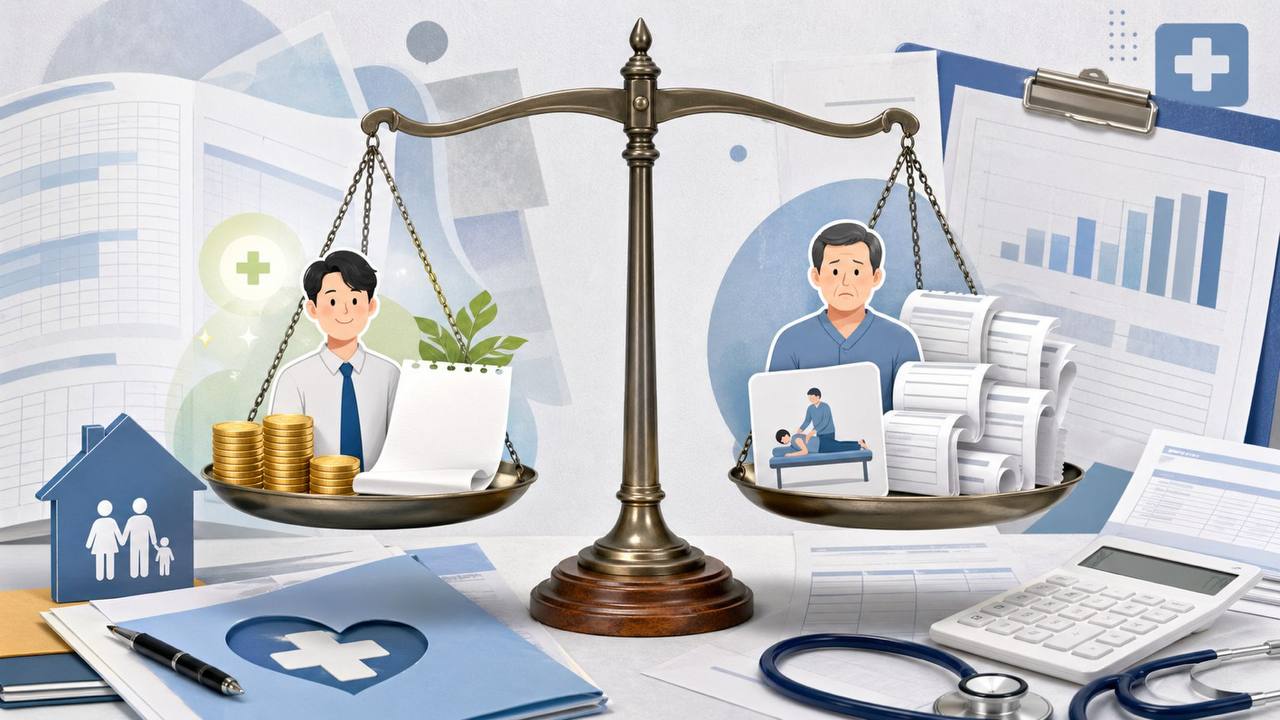 보험료 절감과 의료비 부담 사이에서 5세대 실손보험 유불리를 비교하는 저울 일러스트