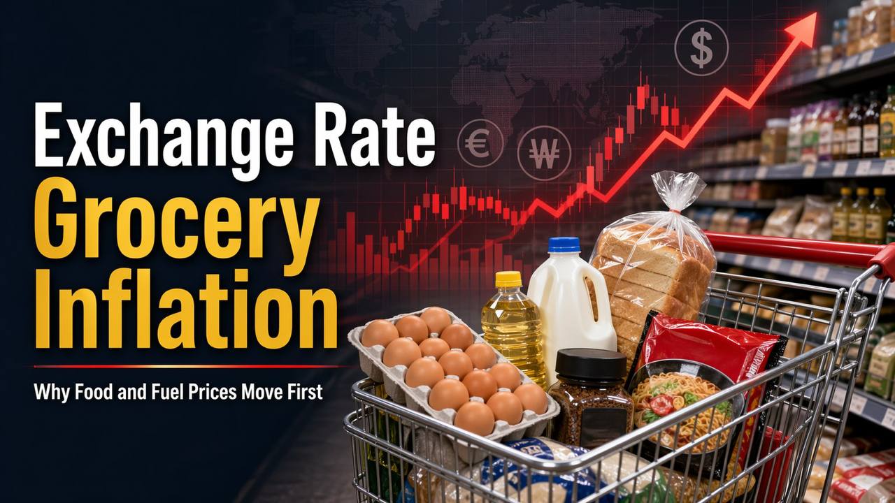 Exchange Rate Grocery Inflation thumbnail showing supermarket groceries and rising financial charts
