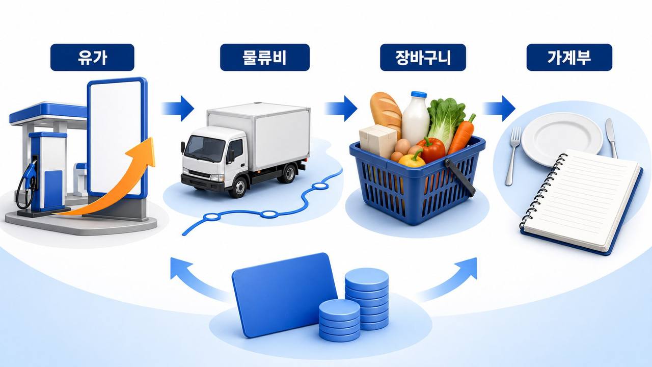 고유가가 물류비와 장바구니 물가를 거쳐 가계부에 영향을 주는 흐름을 보여주는 인포그래픽