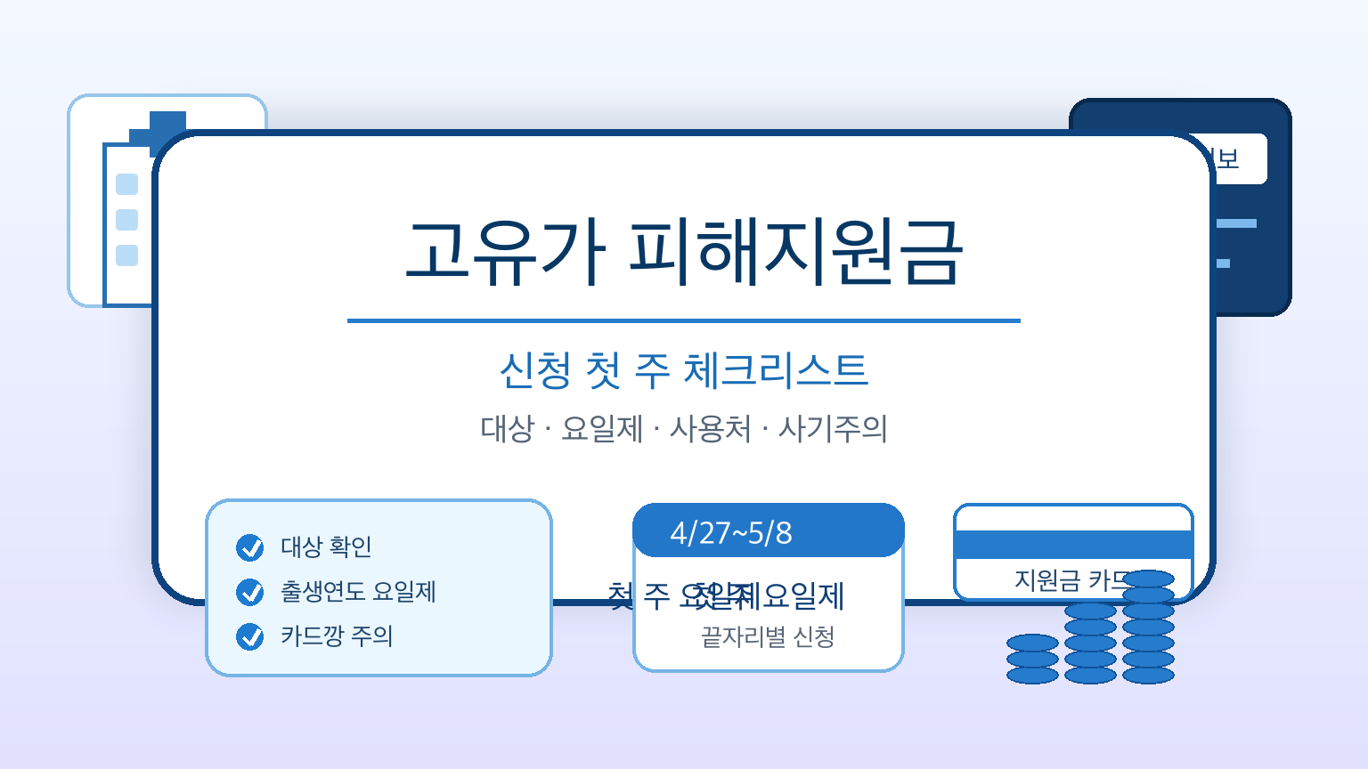 고유가 피해지원금 신청 첫 주 체크리스트와 대상, 요일제, 사기 주의사항을 보여주는 인포그래픽