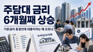 주담대 금리 6개월째 상승과 기준금리 동결 속 대출이자 부담을 보여주는 금융 인포그래픽