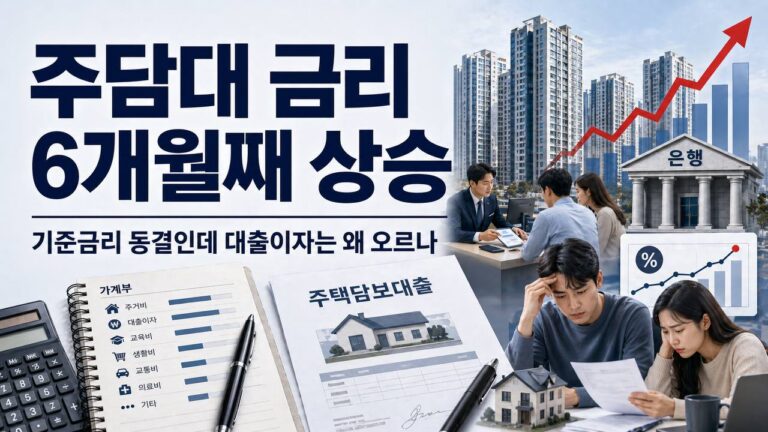 주담대 금리 6개월째 상승과 기준금리 동결 속 대출이자 부담을 보여주는 금융 인포그래픽