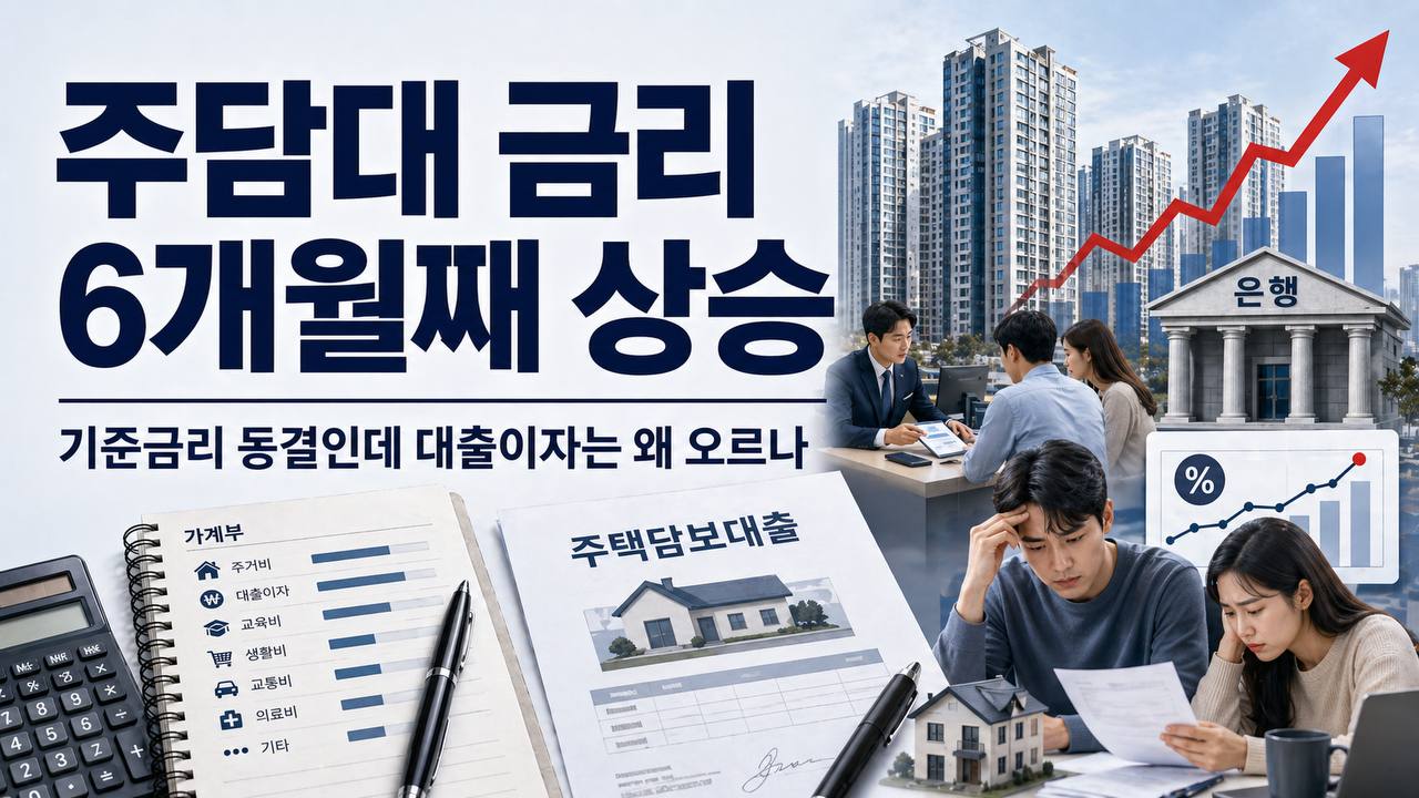 주담대 금리 6개월째 상승과 기준금리 동결 속 대출이자 부담을 보여주는 금융 인포그래픽