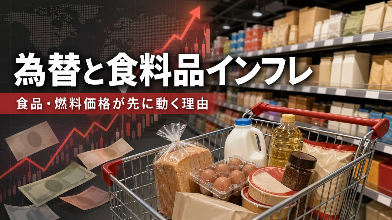 為替インフレのサムネイル、スーパーの買い物カートと上昇する金融チャート