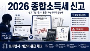 2026 종합소득세 신고 대상과 프리랜서 N잡러 환급 체크포인트를 설명하는 세금 신고 인포그래픽