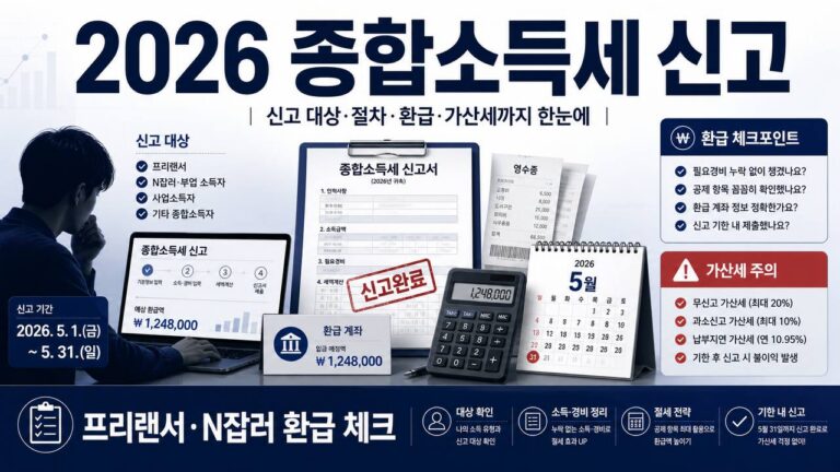 2026 종합소득세 신고 대상과 프리랜서 N잡러 환급 체크포인트를 설명하는 세금 신고 인포그래픽