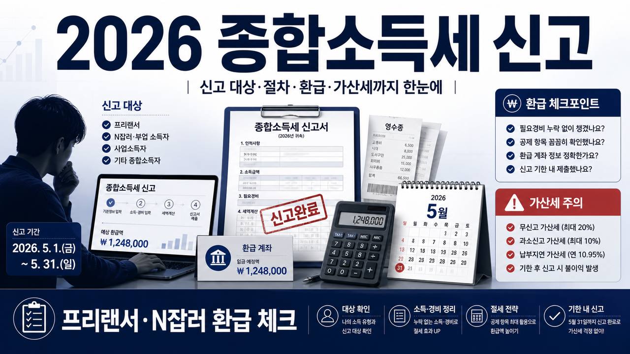 2026 종합소득세 신고 대상과 프리랜서 N잡러 환급 체크포인트를 설명하는 세금 신고 인포그래픽
