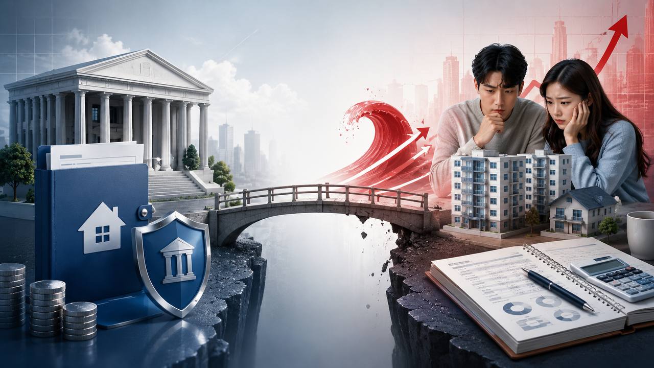 보금자리론 금리 인상이 정책모기지와 무주택자 주거 사다리에 미치는 부담을 상징적으로 보여주는 이미지