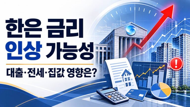 한은 금리 인상 가능성이 대출 전세 집값에 미치는 영향을 설명하는 금융 뉴스 이미지