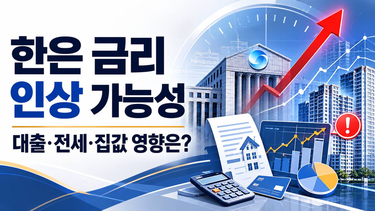한은 금리 인상 가능성이 대출 전세 집값에 미치는 영향을 설명하는 금융 뉴스 이미지
