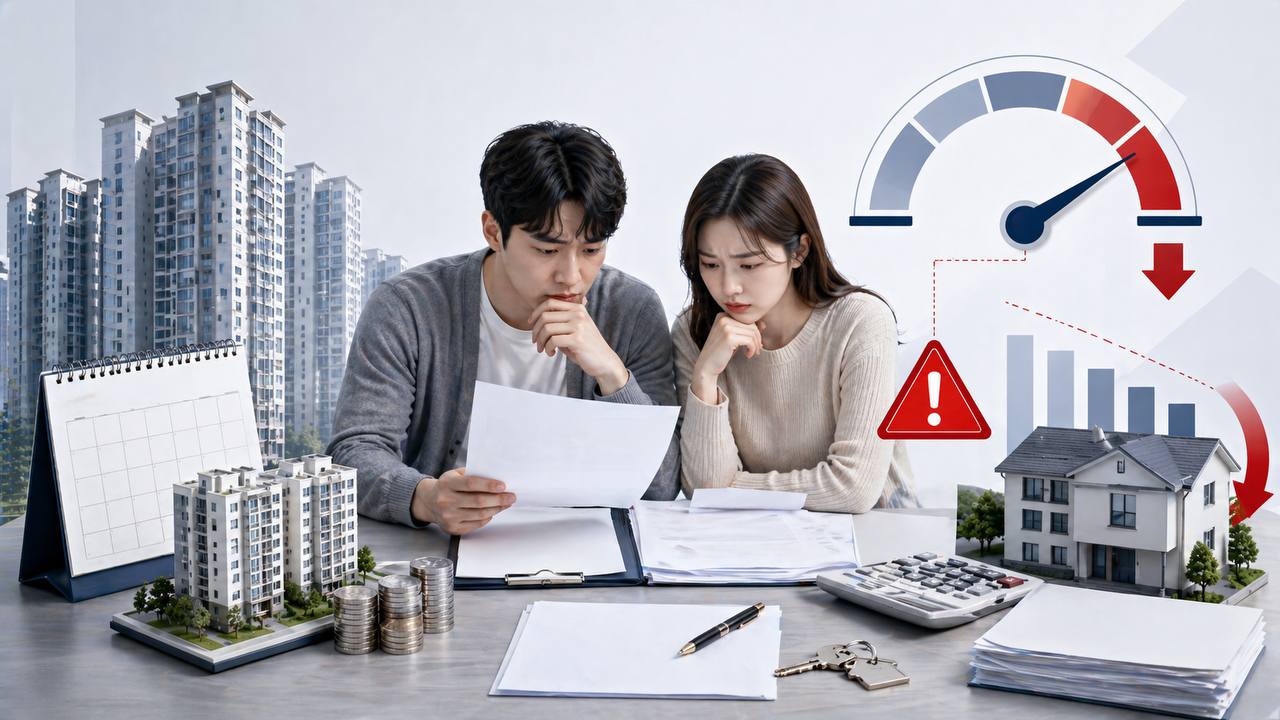 주택 매수 부부가 대출 서류와 계산기를 보며 잔금 부족과 상환 부담을 검토하는 이미지