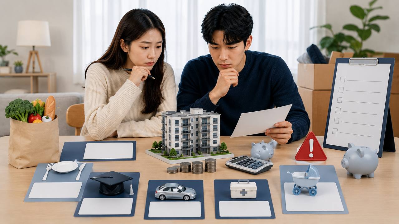 무주택자와 신혼부부가 주택 구입 전 생활비와 대출 상환액을 함께 점검하는 이미지