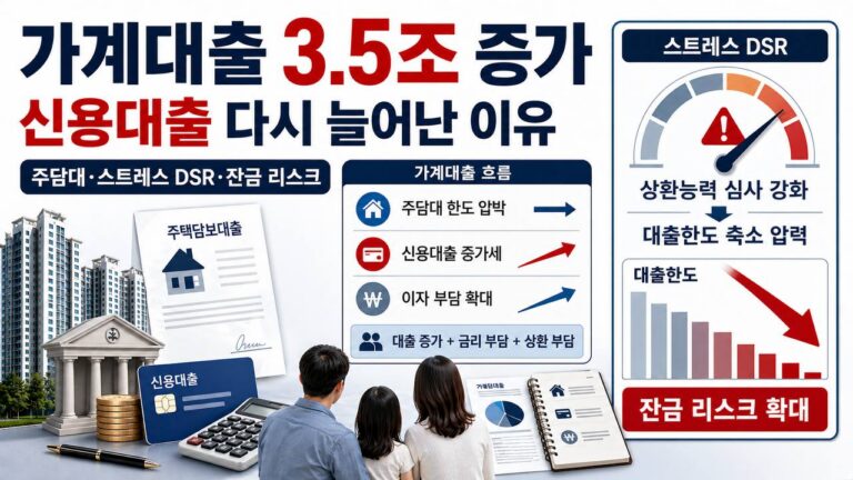가계대출 3.5조 증가와 신용대출 증가세, 스트레스 DSR, 대출한도 축소 압력을 설명하는 썸네일