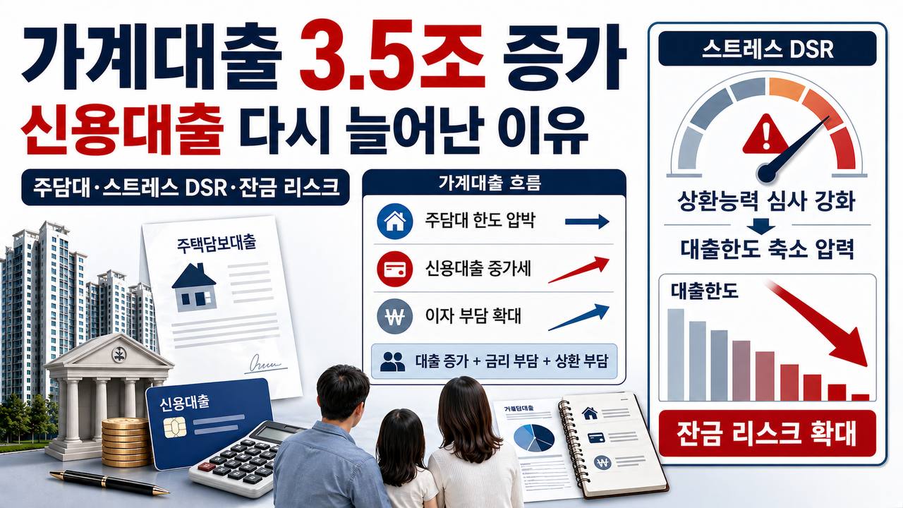 가계대출 3.5조 증가와 신용대출 증가세, 스트레스 DSR, 대출한도 축소 압력을 설명하는 썸네일