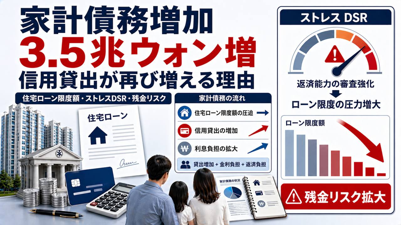 家計債務増加、信用貸付、ストレスDSR、住宅ローン限度額への圧力を説明する日本語サムネイル