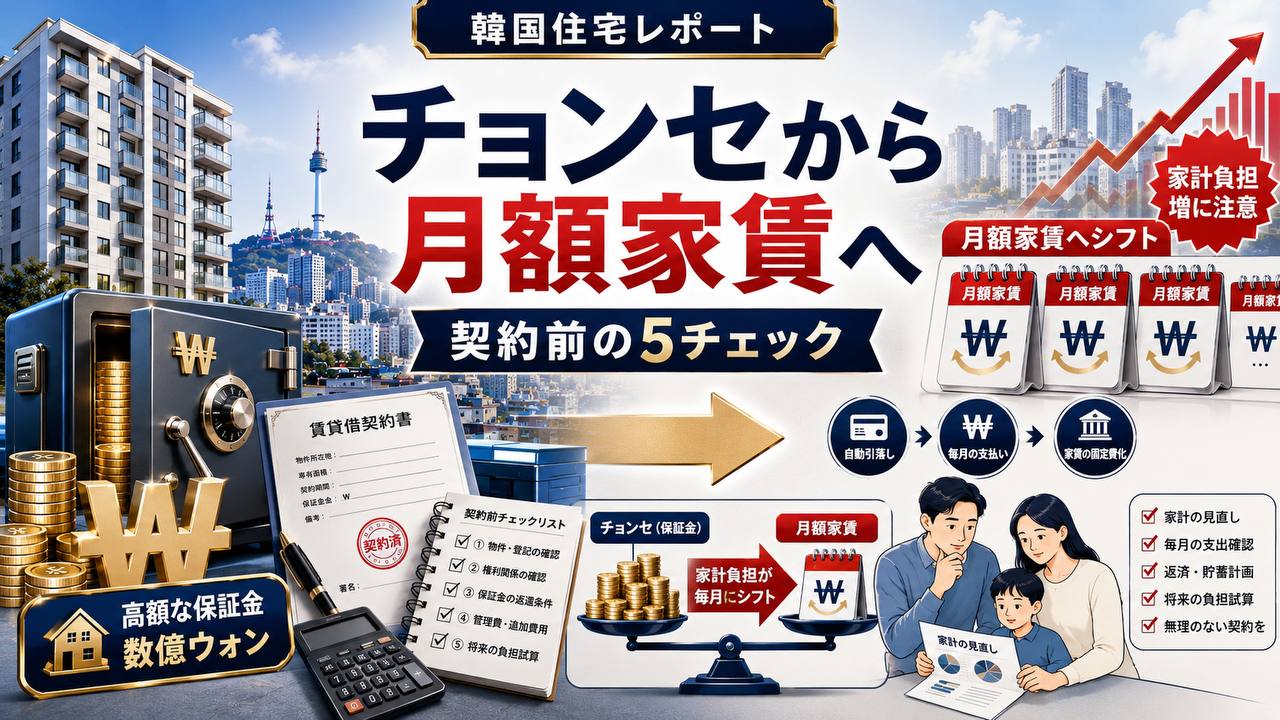 韓国のチョンセから月額家賃への転換と契約前の5チェックを示すサムネイル。