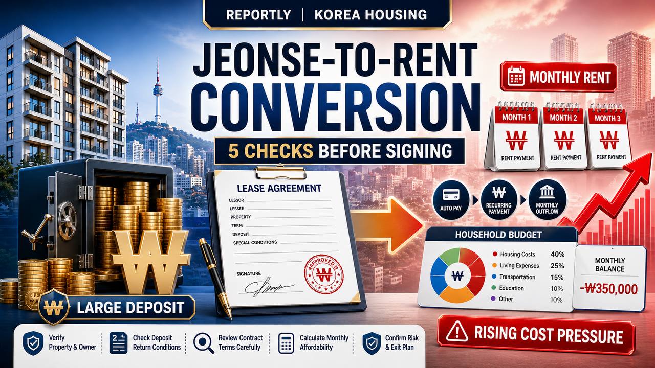 Korea housing report thumbnail showing jeonse-to-rent conversion, large deposit, monthly rent payments and rising cost pressure.