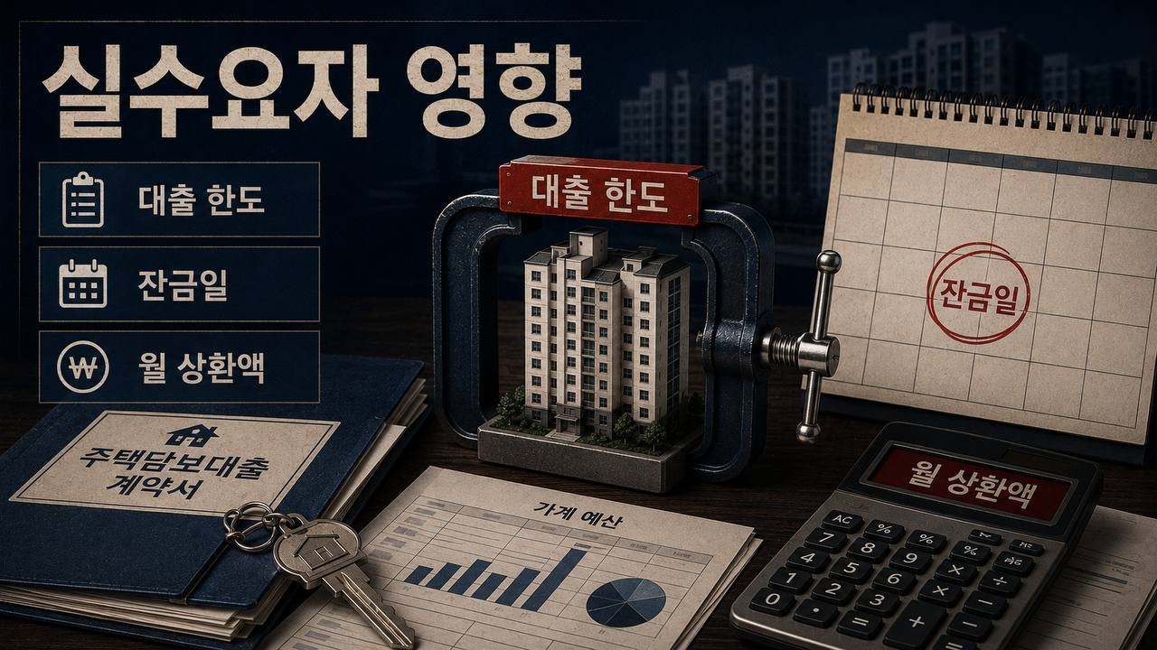 주담대 증가가 실수요자 대출 한도와 잔금일 및 월 상환액에 미치는 영향을 설명하는 이미지