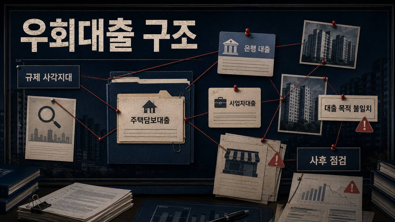 우회대출 구조와 규제 사각지대를 보여주는 금융 조사 보드 이미지
