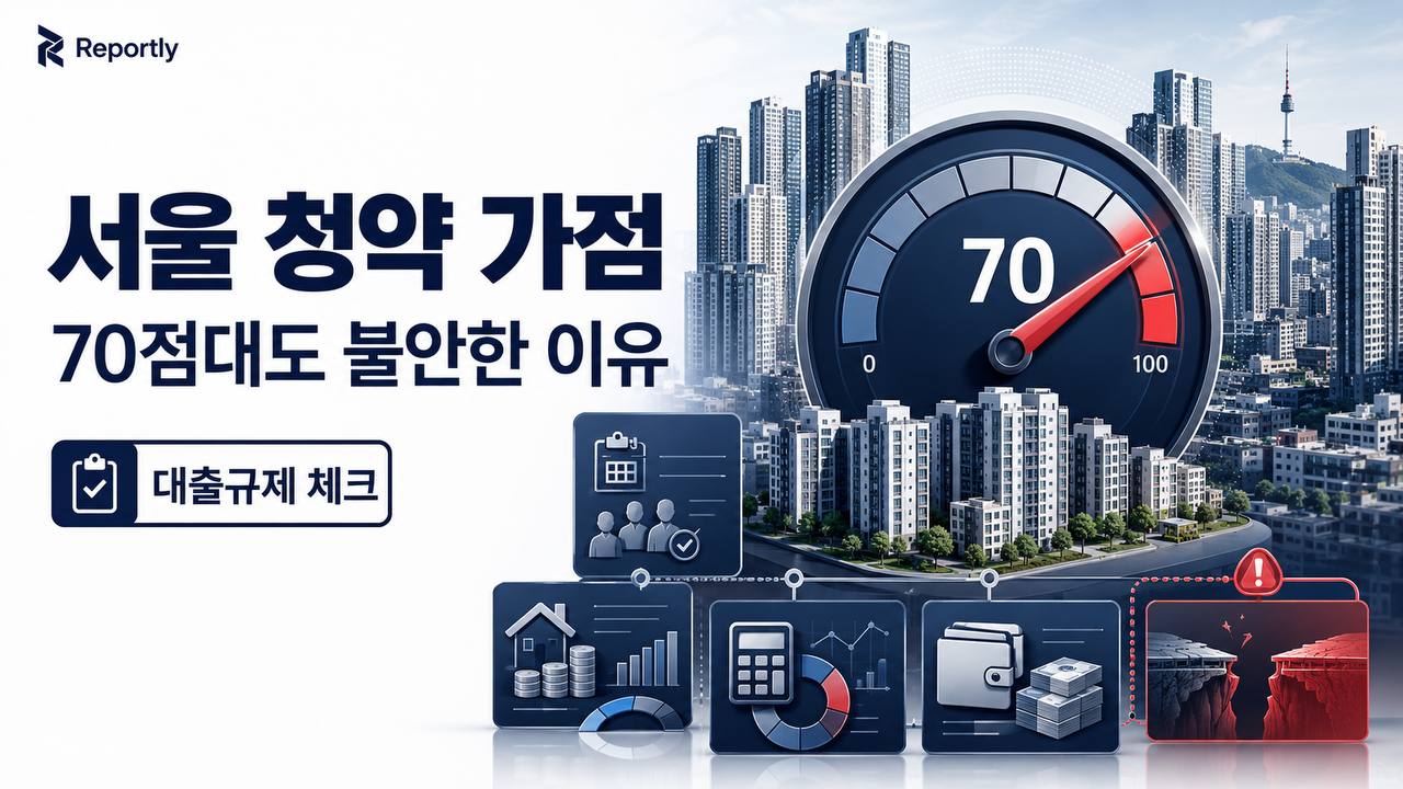 서울 청약 가점 70점대와 대출규제 리스크를 보여주는 Reportly 부동산 금융 썸네일
