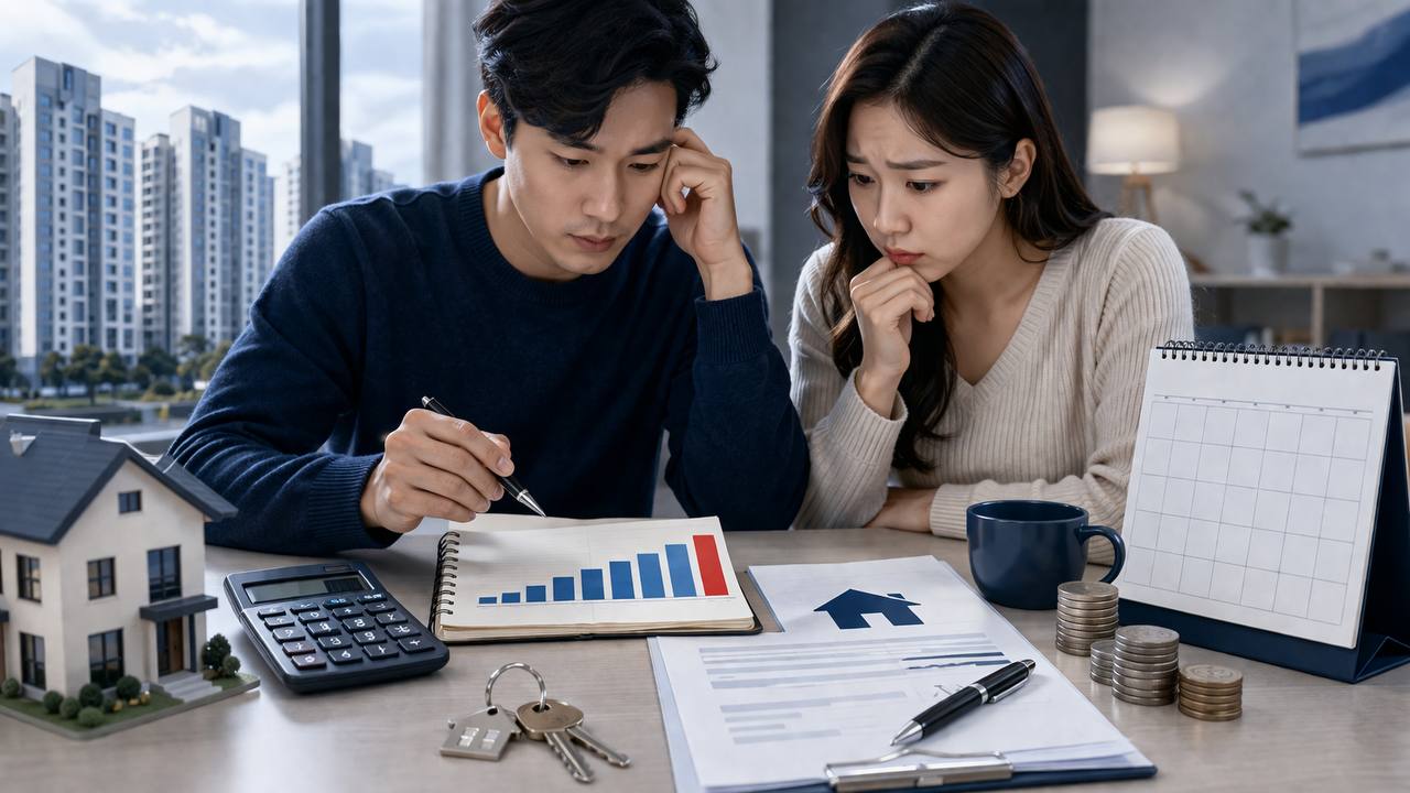 住宅ローン書類と家計資料を確認する世帯がストレスDSRと残金日のリスクを検討する画像