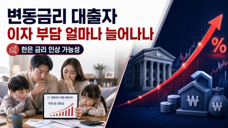변동금리 대출자 이자 부담이 한은 금리 인상 가능성으로 늘어날 수 있음을 설명하는 금융 뉴스 이미지