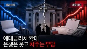 예대금리차 확대로 은행 대출금리와 예금금리 차이가 벌어지고 차주의 이자 부담이 커지는 상황을 보여주는 금융 뉴스 이미지