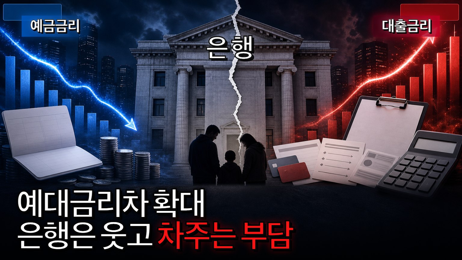 예대금리차 확대로 은행 대출금리와 예금금리 차이가 벌어지고 차주의 이자 부담이 커지는 상황을 보여주는 금융 뉴스 이미지